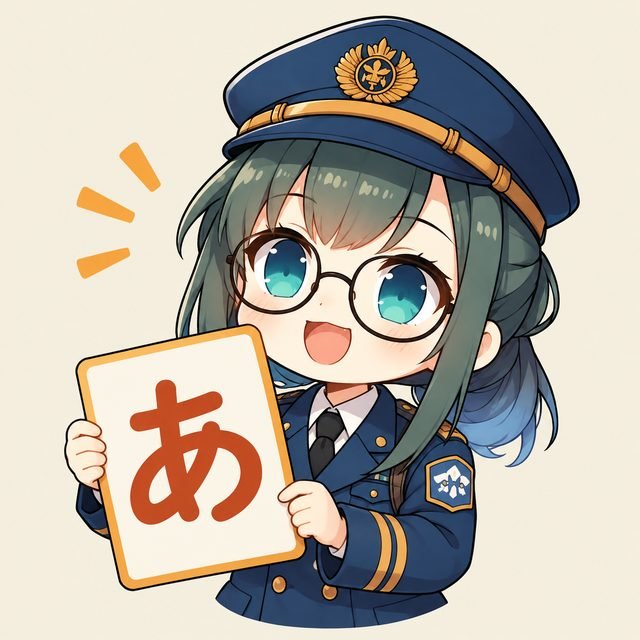 Chapi-chan sostiene una tarjeta con el hiragana あ