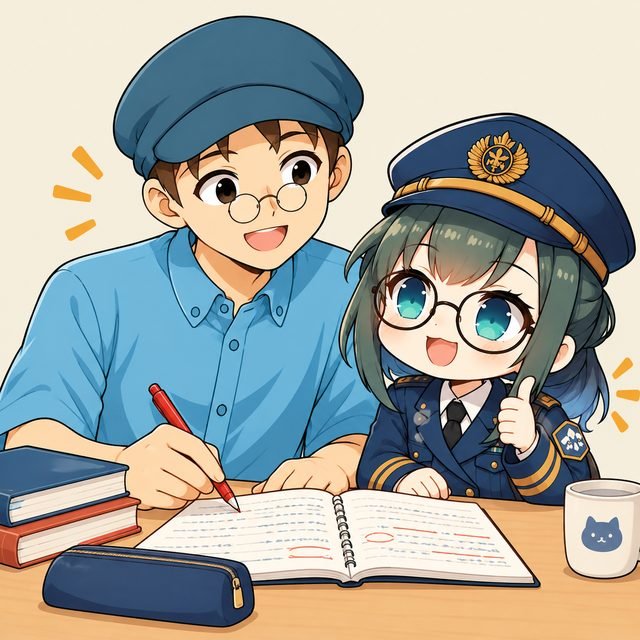Kira corrige un cuaderno con bolígrafo rojo junto a Chapi-chan