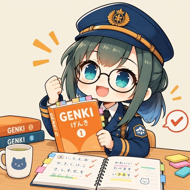 Chapi-chan con el manual GENKI, notas y ejercicios marcados